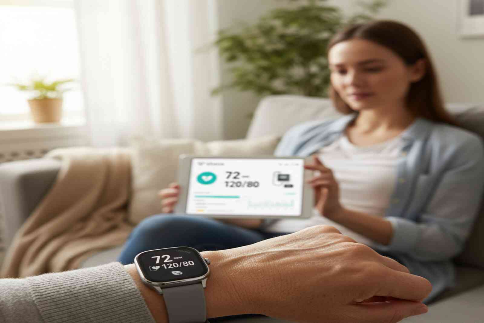 a woman using vitalis app and medical alert monitoring