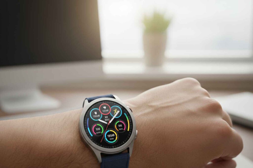 Person wearing an AI-powered FDA approved blood pressure monitoring smartwatch displaying real-time cardiovascular health
