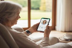 Senior wearing health monitoring smartwatch reviewing vital signs with caregiver on video call