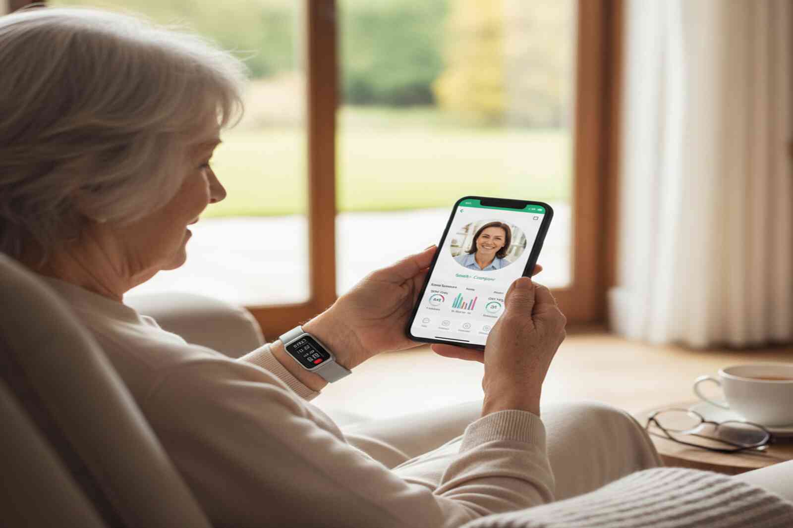 Senior wearing health monitoring smartwatch reviewing vital signs with caregiver on video call