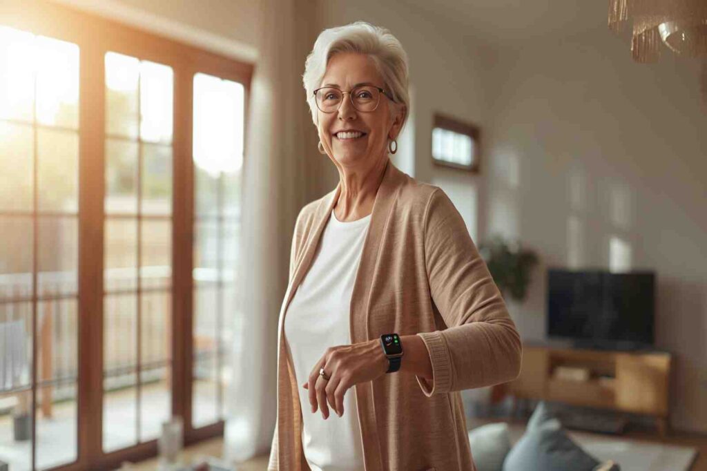 Senior woman with osteoporosis monitoring device staying active at home.