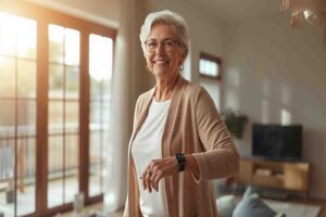 Senior woman with osteoporosis monitoring device staying active at home.
