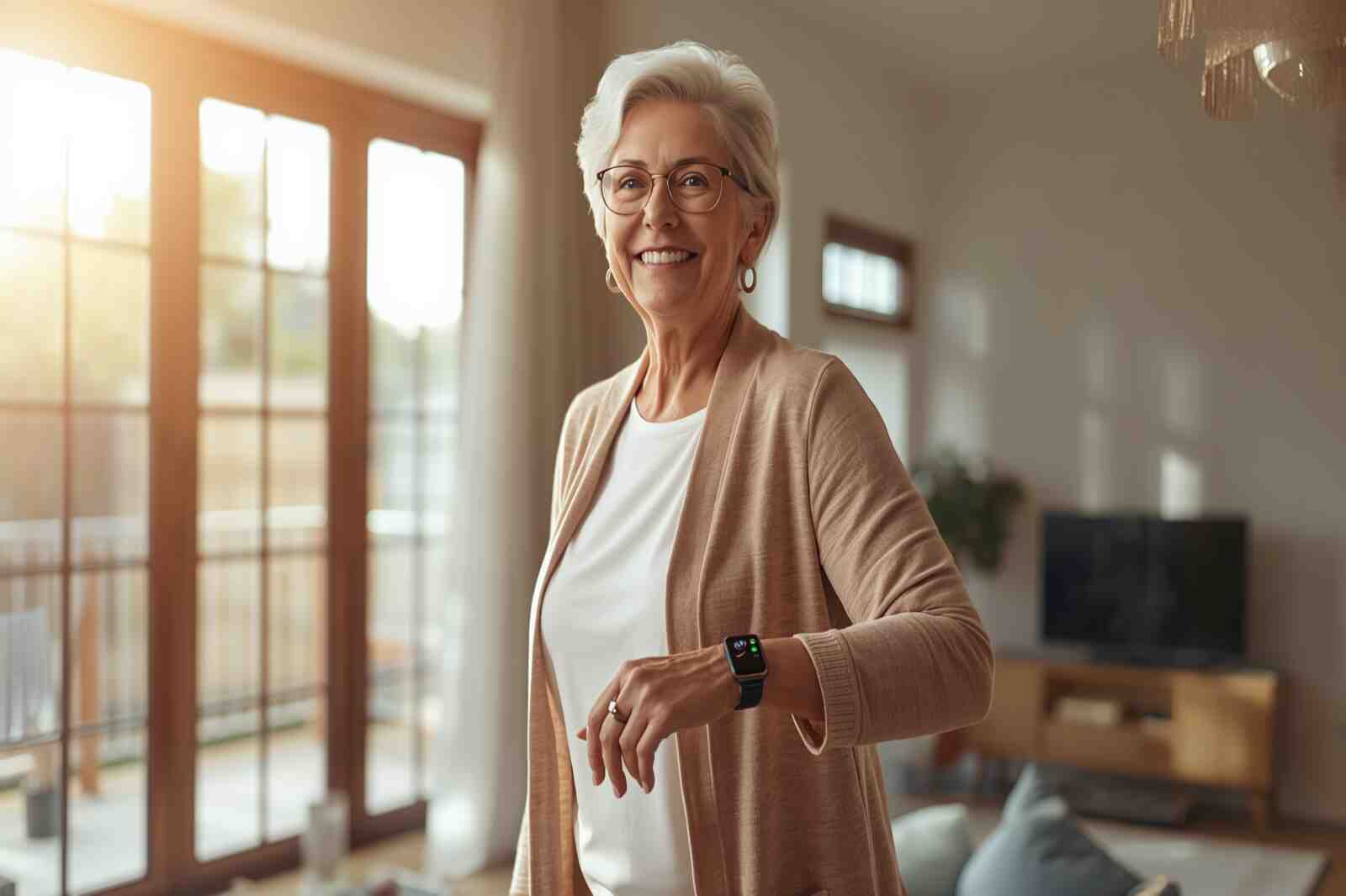 Senior woman with osteoporosis monitoring device staying active at home.